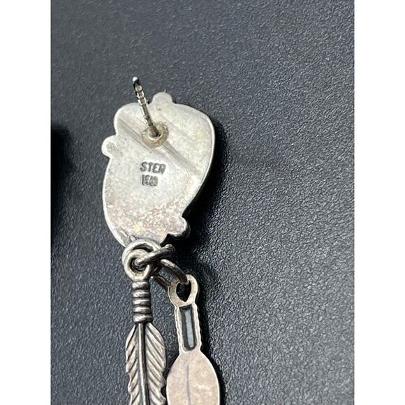 FM Fred Maloney Vintage Native American Onyx Sterling Silver Feather Earrings - Picture 9 of 13